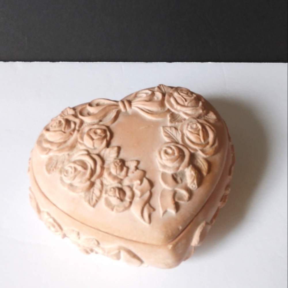 Antique Korean Handmade Pink Clay Rose and Bow Art Heart Dish